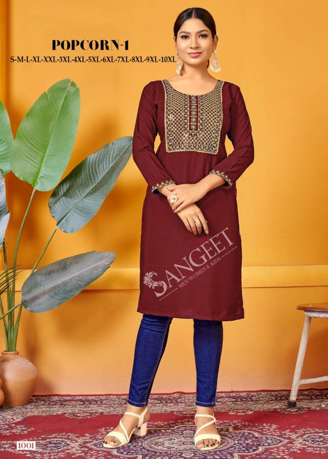 Popcorn 1001 Series By Sangeet Rayon Embroidery Kurti Wholesale Shop In Surat
